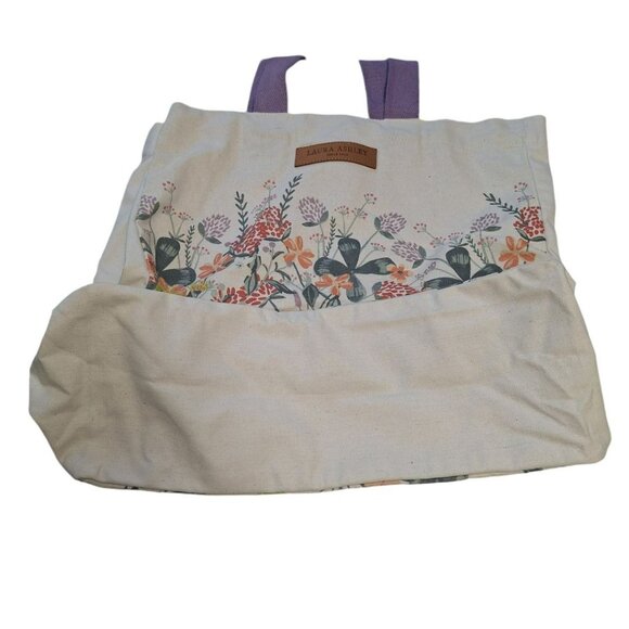 Laura Ashley Canvas Tote Bag Large Floral Boho Wide Purple Handles Reusable - Picture 3 of 10